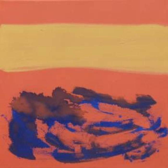 An oil painting with a horizontal band of orange across the top of the canvas, a horizontal yellow line, and then another large horizontal section of orange.